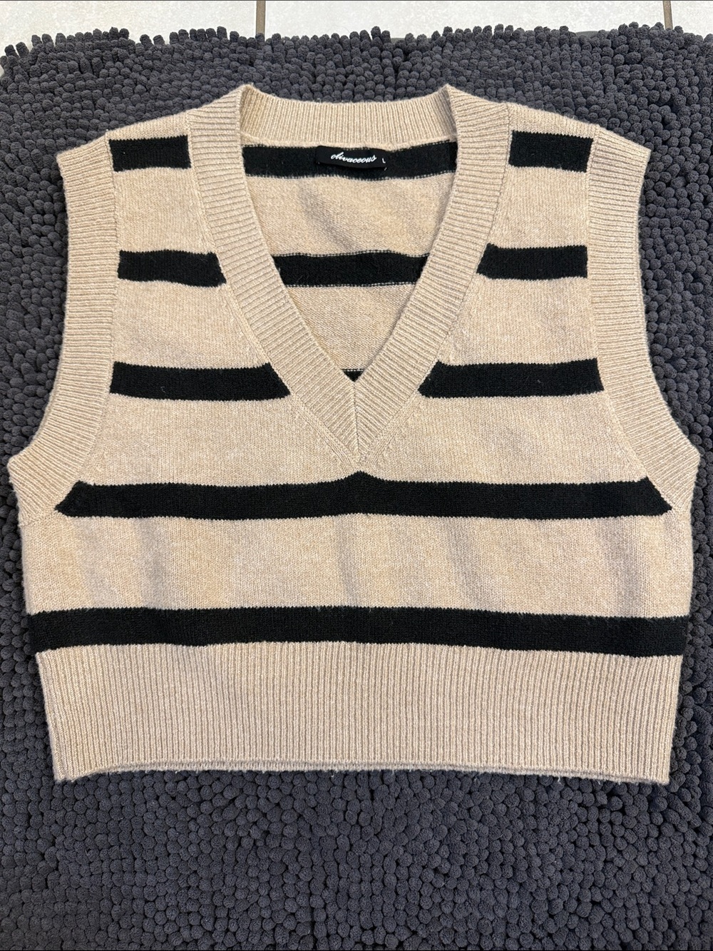 Striped V-Neck Cropped Sweater Vest in Beige and Black